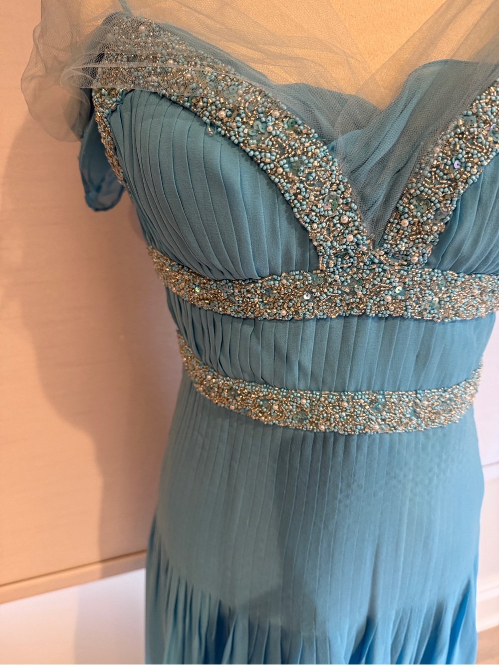 Ice Blue or aqua blue  Beaded Chiffon Evening  flowy Gown formal wear . - Picture 10 of 10